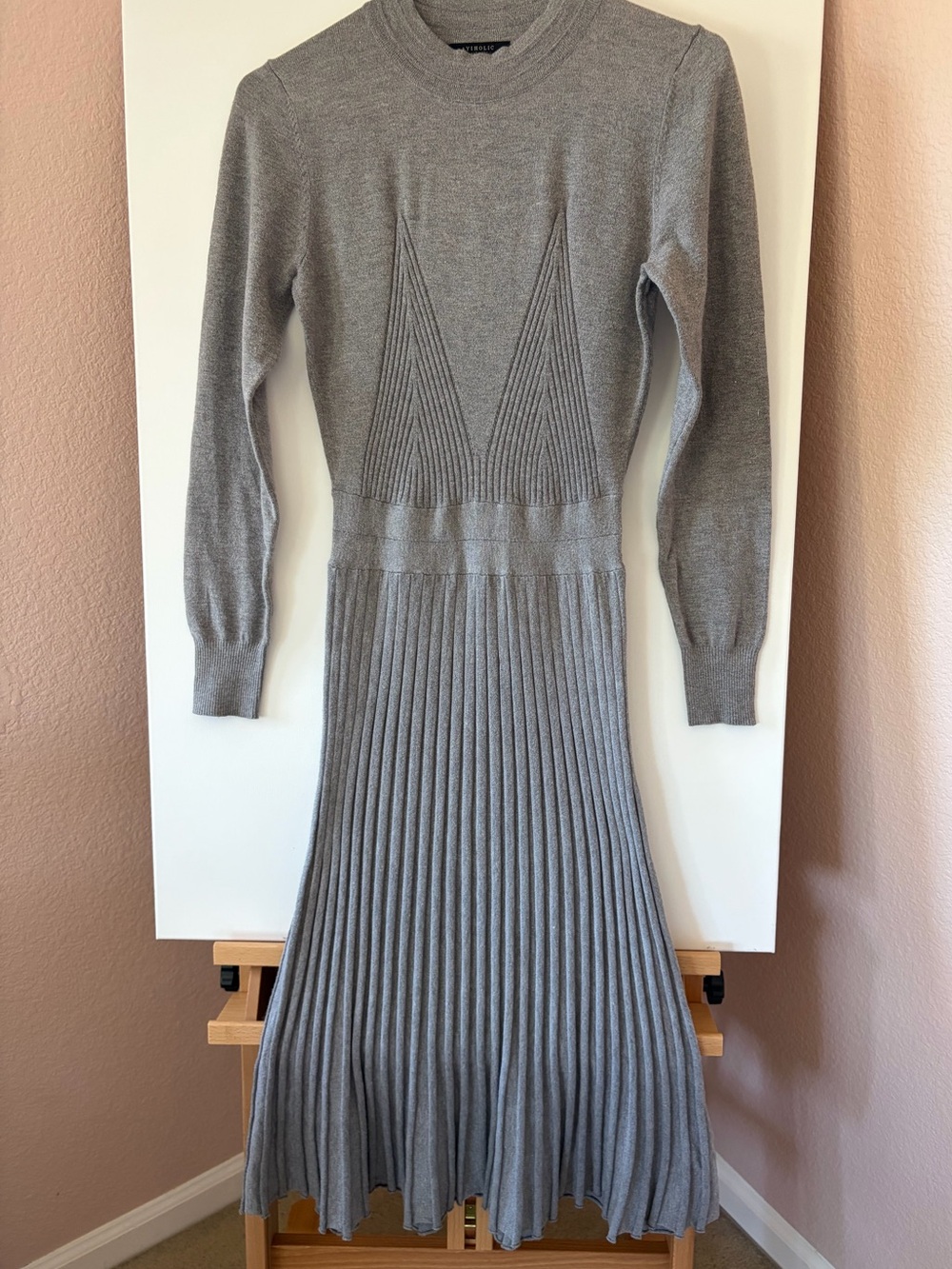 Ayiholic Flared Rib Knit Sweater Dress M Gray Pleated Skater Midi KFashion